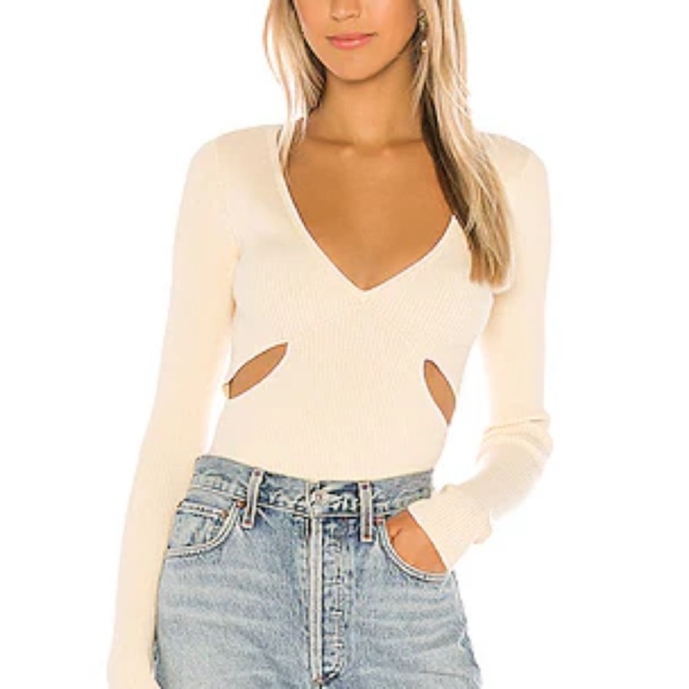 Camila Coelho Cream Ribbed Long-Sleeve Cutout Bodysuit